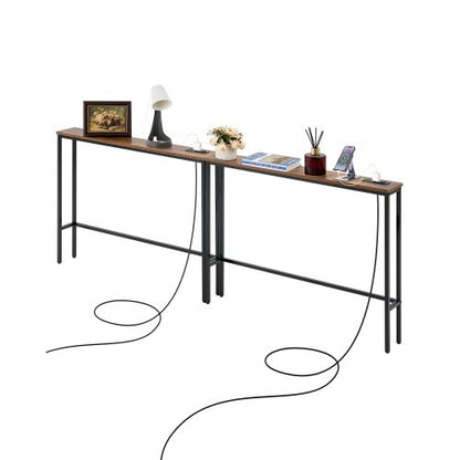 Narrow Console Table, 2 Pack Behind Couch Table with Power Outlets, 1-Tier Long Entryway Table, Narrow Sofa Table with Metal Frame and Charge Station, for Entryway, Hallway, Living Room