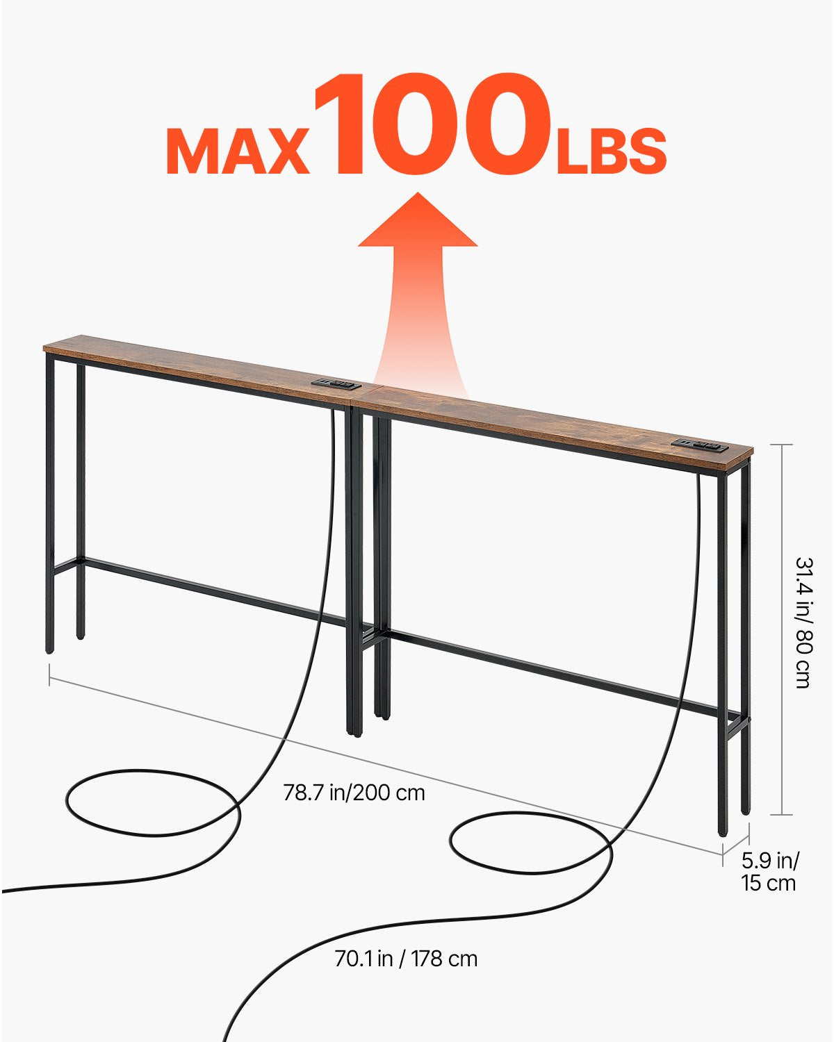 Narrow Console Table, 2 Pack Behind Couch Table with Power Outlets, 1-Tier Long Entryway Table, Narrow Sofa Table with Metal Frame and Charge Station, for Entryway, Hallway, Living Room