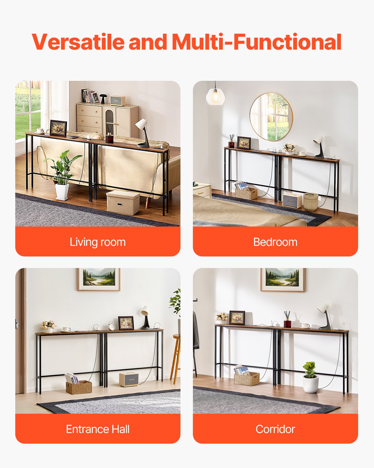 Narrow Console Table, 2 Pack Behind Couch Table with Power Outlets, 1-Tier Long Entryway Table, Narrow Sofa Table with Metal Frame and Charge Station, for Entryway, Hallway, Living Room