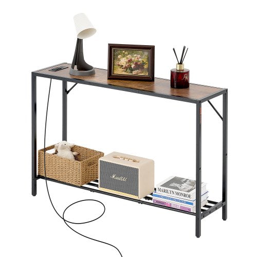 Narrow Console Table, 41.7" Behind Couch Table with Power Outlets, 2-Tier Long Entryway Table, Sofa Table with Metal Frame and Charge Station, for Entryway, Hallway, Living Room