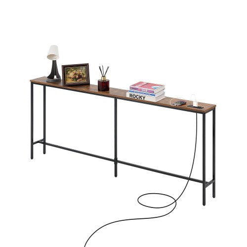 Narrow Console Table, 70.9" Behind Couch Table with Power Outlets, 1-Tier Long Entryway Table, Narrow Sofa Table with Metal Frame and Charge Station, for Entryway, Hallway, Living Room