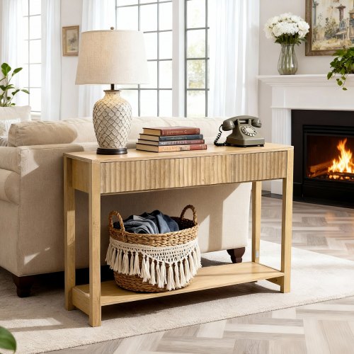 47 in Console Table, Farmhouse Desk Behind the Couch with Drawers and Bottom Storage Shelf, Wooden Rectangle Entrance Narrow Sofa Table for Hallway, Bedroom, Living Room, Foyer, Burlywood