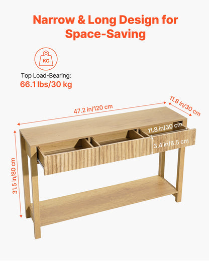 47 in Console Table, Farmhouse Desk Behind the Couch with Drawers and Bottom Storage Shelf, Wooden Rectangle Entrance Narrow Sofa Table for Hallway, Bedroom, Living Room, Foyer, Burlywood