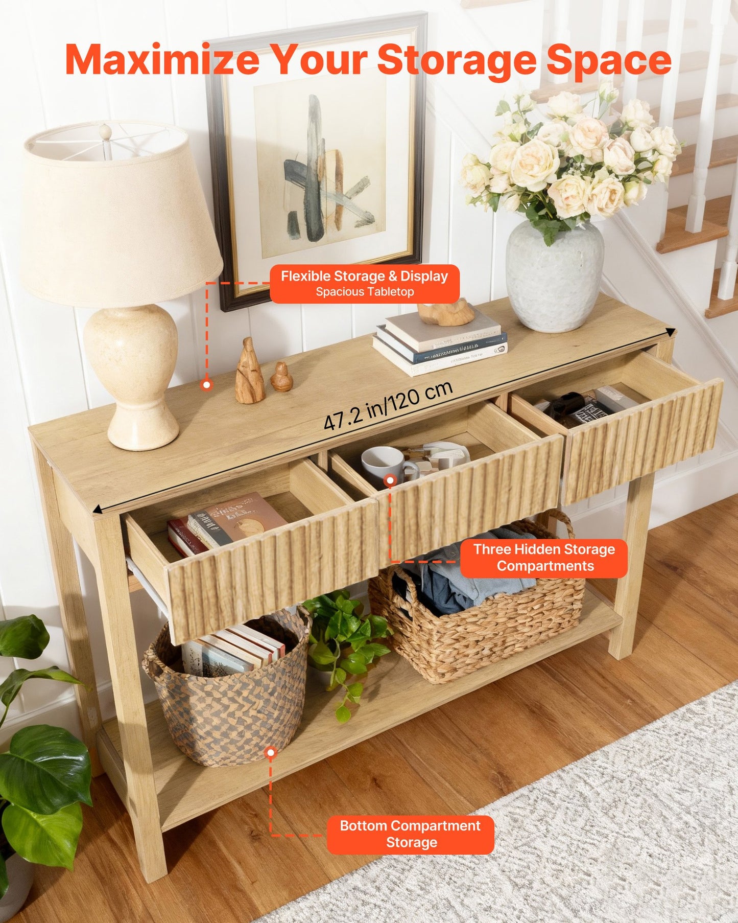 47 in Console Table, Farmhouse Desk Behind the Couch with Drawers and Bottom Storage Shelf, Wooden Rectangle Entrance Narrow Sofa Table for Hallway, Bedroom, Living Room, Foyer, Burlywood