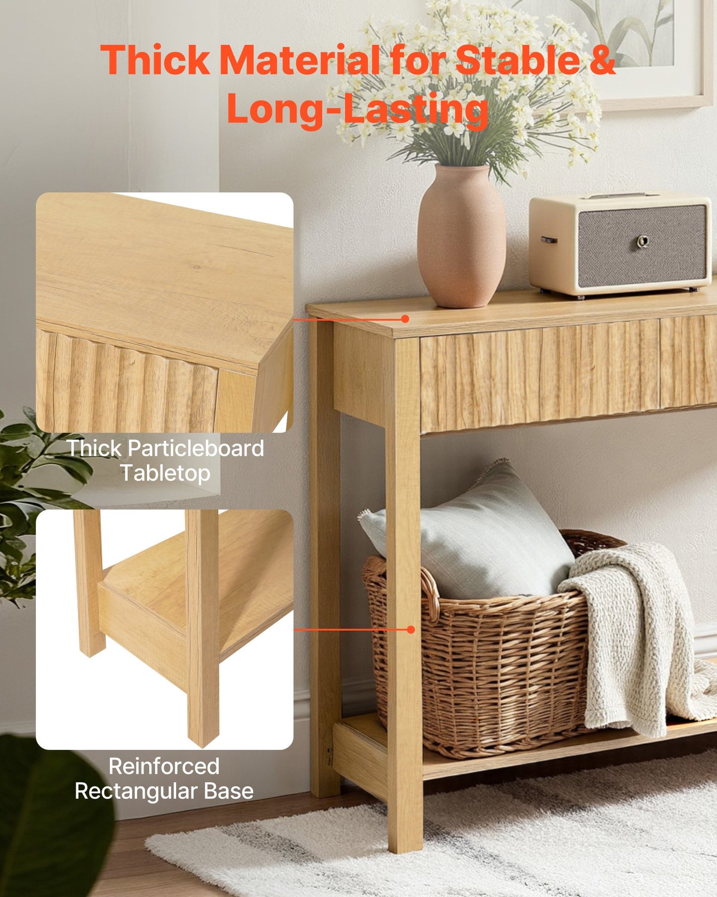 47 in Console Table, Farmhouse Desk Behind the Couch with Drawers and Bottom Storage Shelf, Wooden Rectangle Entrance Narrow Sofa Table for Hallway, Bedroom, Living Room, Foyer, Burlywood