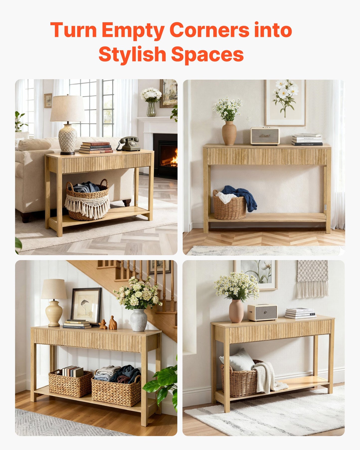 47 in Console Table, Farmhouse Desk Behind the Couch with Drawers and Bottom Storage Shelf, Wooden Rectangle Entrance Narrow Sofa Table for Hallway, Bedroom, Living Room, Foyer, Burlywood