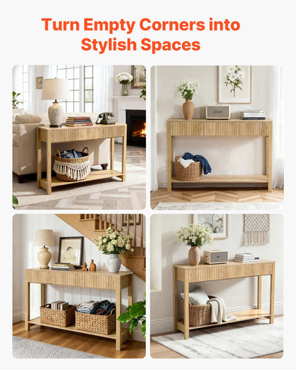 47 in Console Table, Farmhouse Desk Behind the Couch with Drawers and Bottom Storage Shelf, Wooden Rectangle Entrance Narrow Sofa Table for Hallway, Bedroom, Living Room, Foyer, Burlywood