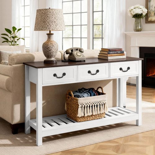 47 in Console Table, Farmhouse Desk Behind the Couch with Drawers and Bottom Storage Shelf, Wooden Rectangle Entrance Narrow Sofa Table for Hallway, Bedroom, Living Room, Foyer, Brown + White