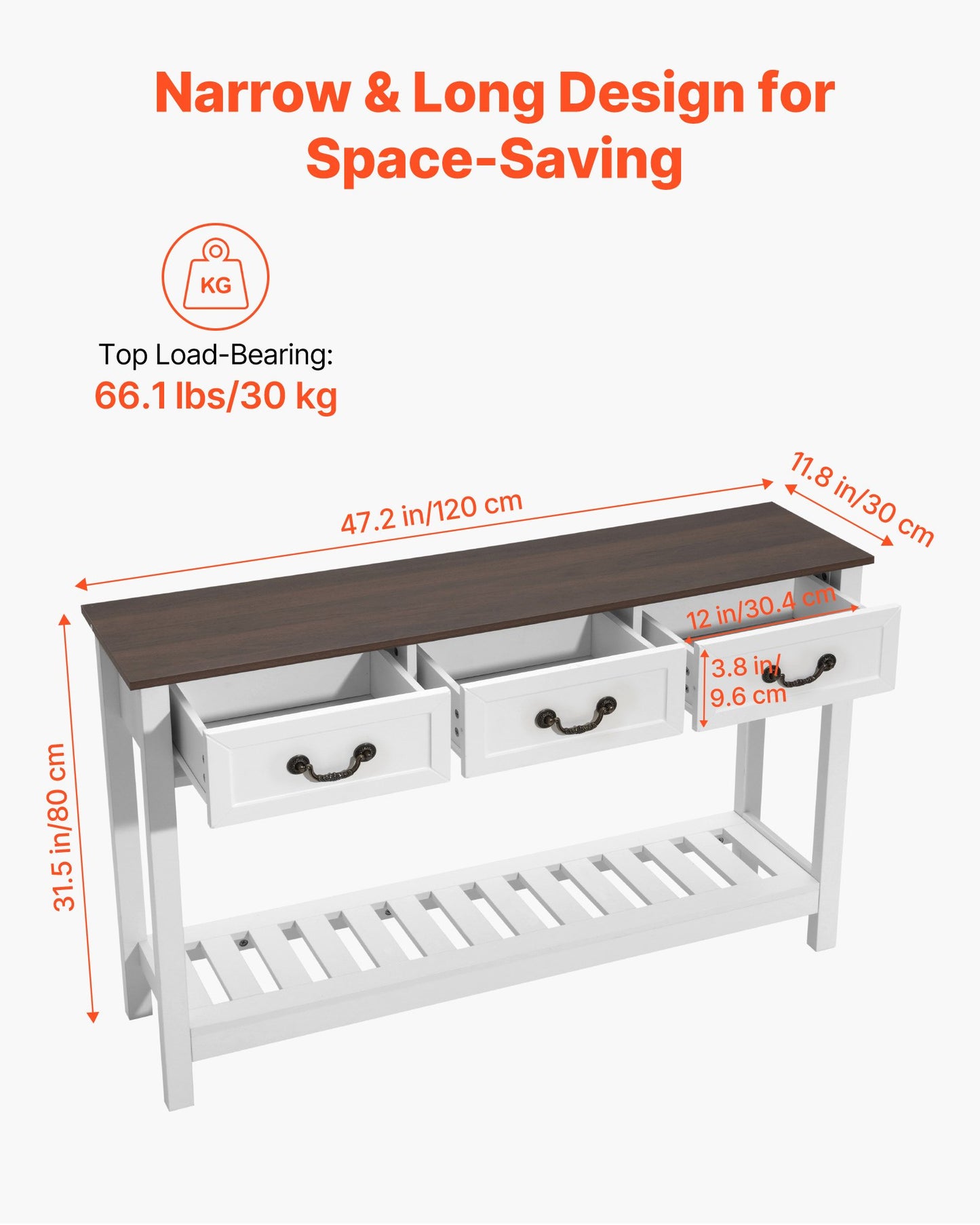 47 in Console Table, Farmhouse Desk Behind the Couch with Drawers and Bottom Storage Shelf, Wooden Rectangle Entrance Narrow Sofa Table for Hallway, Bedroom, Living Room, Foyer, Brown + White