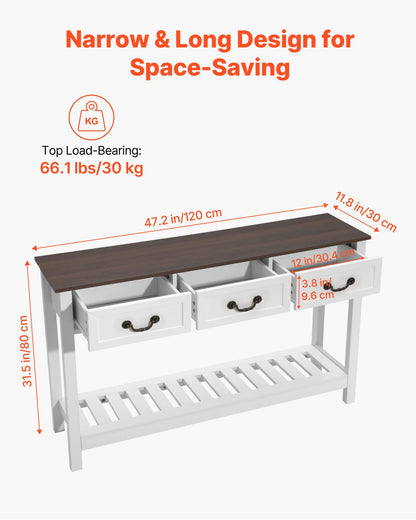 47 in Console Table, Farmhouse Desk Behind the Couch with Drawers and Bottom Storage Shelf, Wooden Rectangle Entrance Narrow Sofa Table for Hallway, Bedroom, Living Room, Foyer, Brown + White