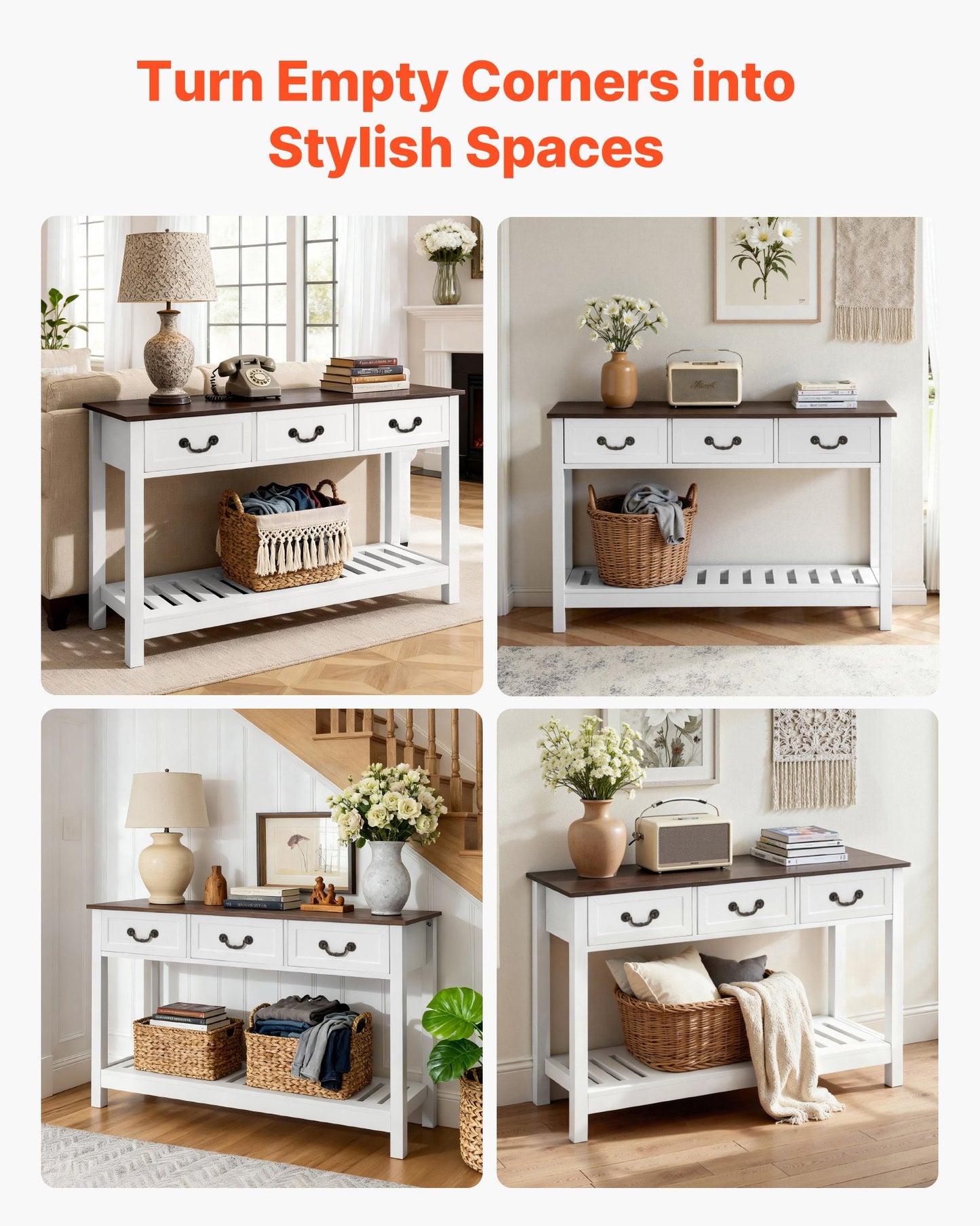 47 in Console Table, Farmhouse Desk Behind the Couch with Drawers and Bottom Storage Shelf, Wooden Rectangle Entrance Narrow Sofa Table for Hallway, Bedroom, Living Room, Foyer, Brown + White
