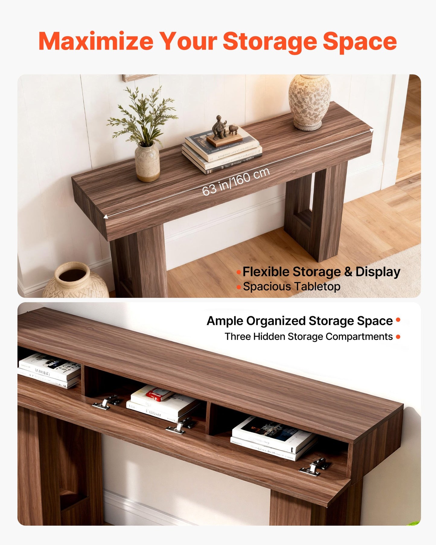 63 in Console Table, Farmhouse Desk Behind the Couch, Wooden Rectangle Entrance Desk, Narrow Long Sofa Table Accent Stand for Hallway, Bedroom, Living Room, Foyer, Easy Assembly, Brown