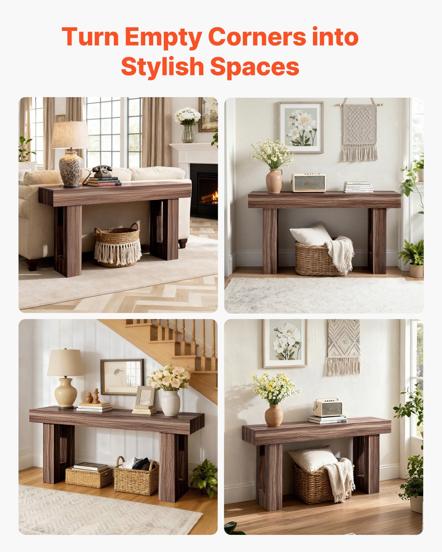 63 in Console Table, Farmhouse Desk Behind the Couch, Wooden Rectangle Entrance Desk, Narrow Long Sofa Table Accent Stand for Hallway, Bedroom, Living Room, Foyer, Easy Assembly, Brown