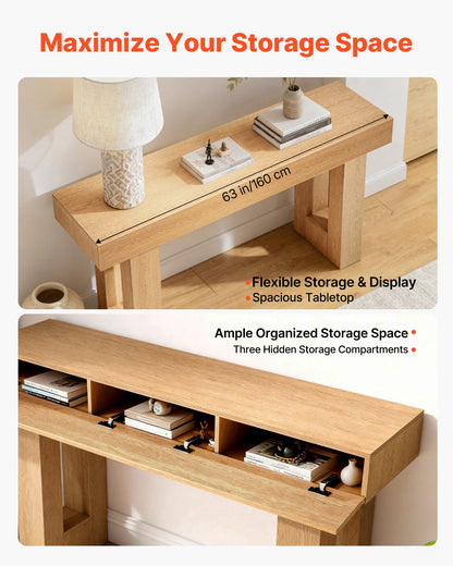 63 in Console Table, Farmhouse Desk Behind the Couch, Wooden Rectangle Entrance Desk, Narrow Long Sofa Table Accent Stand for Hallway, Bedroom, Living Room, Foyer, Easy Assembly, Burlywood