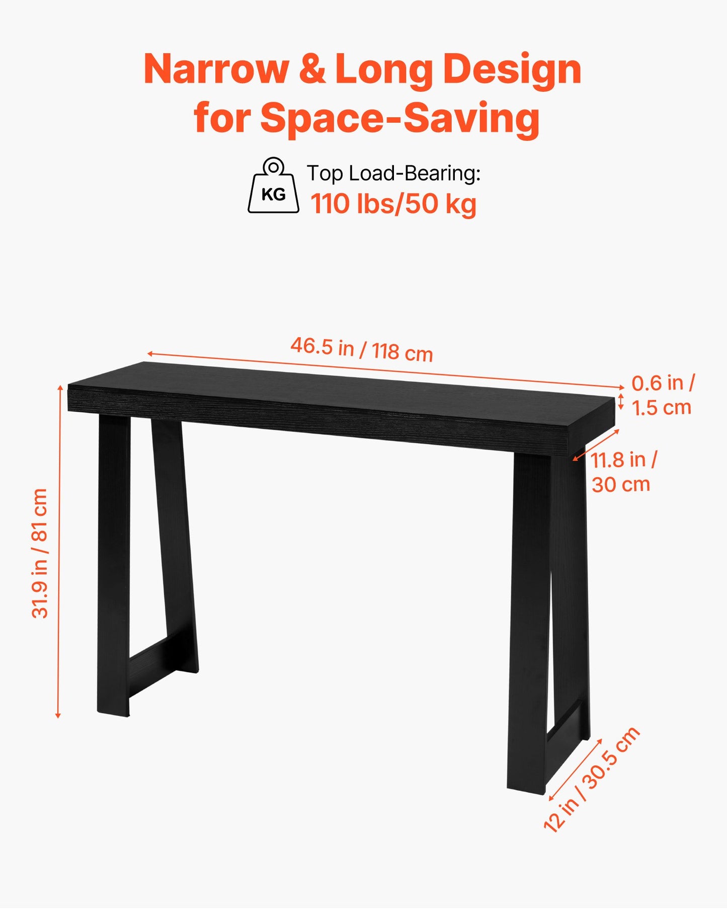 46 in Console Table, Modern Desk Behind the Couch, Wooden Rectangle Entrance Desk, Narrow Long Sofa Table Accent Stand for Hallway, Bedroom, Living Room, Foyer, Easy Assembly, Black
