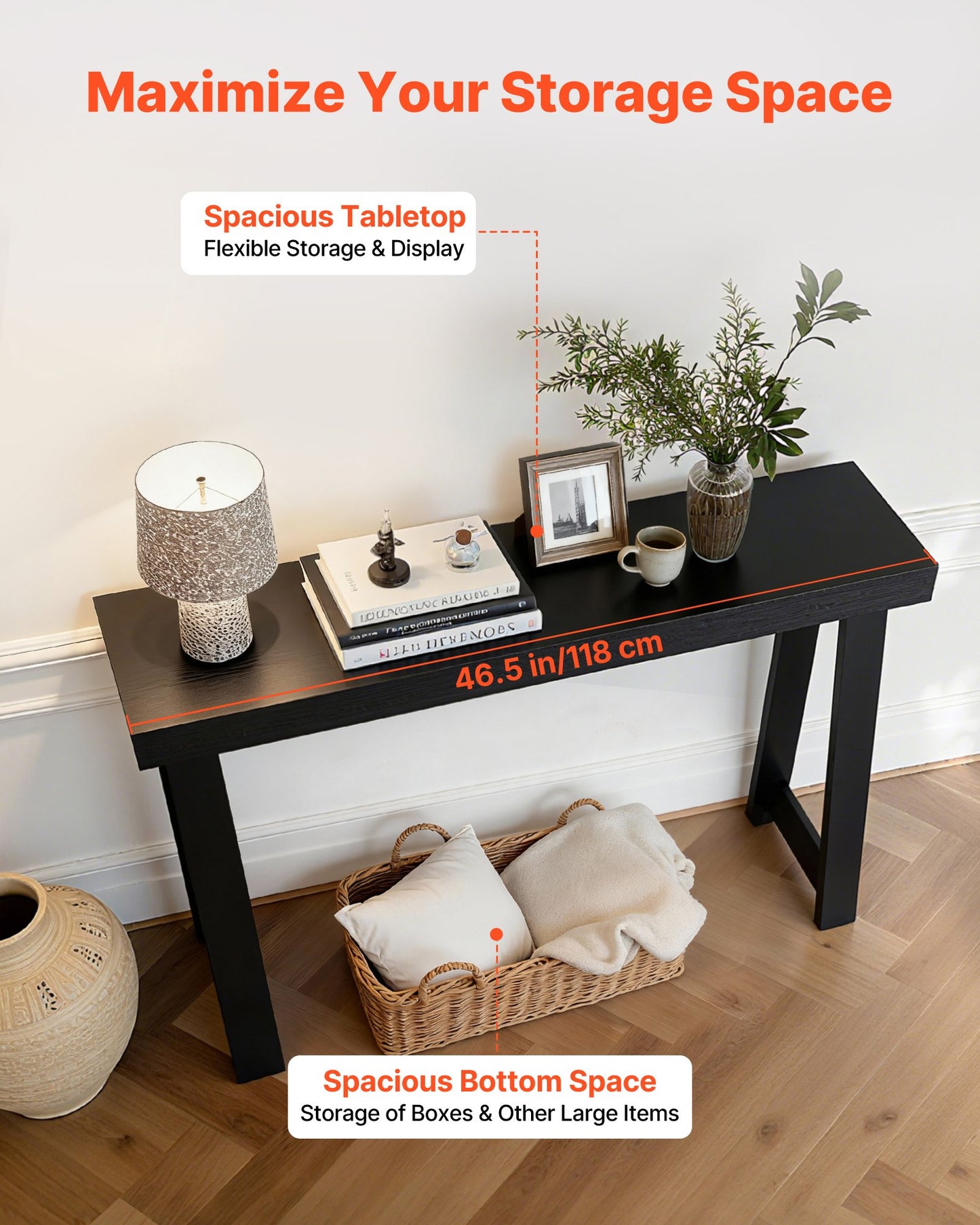 46 in Console Table, Modern Desk Behind the Couch, Wooden Rectangle Entrance Desk, Narrow Long Sofa Table Accent Stand for Hallway, Bedroom, Living Room, Foyer, Easy Assembly, Black