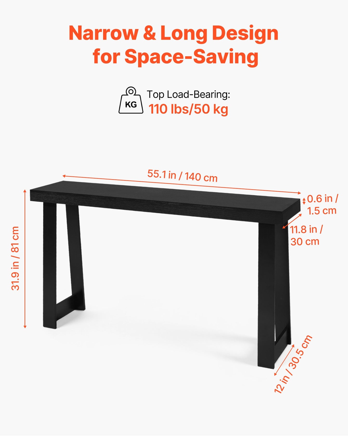 56 in Console Table, Modern Desk Behind the Couch, Wooden Rectangle Entrance Desk, Narrow Long Sofa Table Accent Stand, Ideal for Hallway, Bedroom, Living Room, Foyer, Easy Assembly, Black