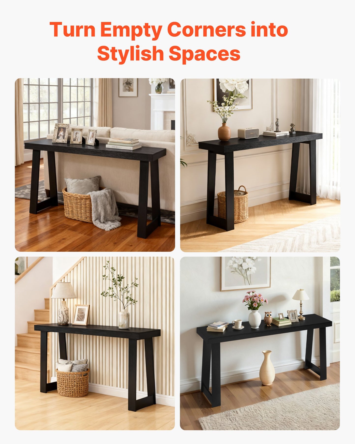 56 in Console Table, Modern Desk Behind the Couch, Wooden Rectangle Entrance Desk, Narrow Long Sofa Table Accent Stand, Ideal for Hallway, Bedroom, Living Room, Foyer, Easy Assembly, Black