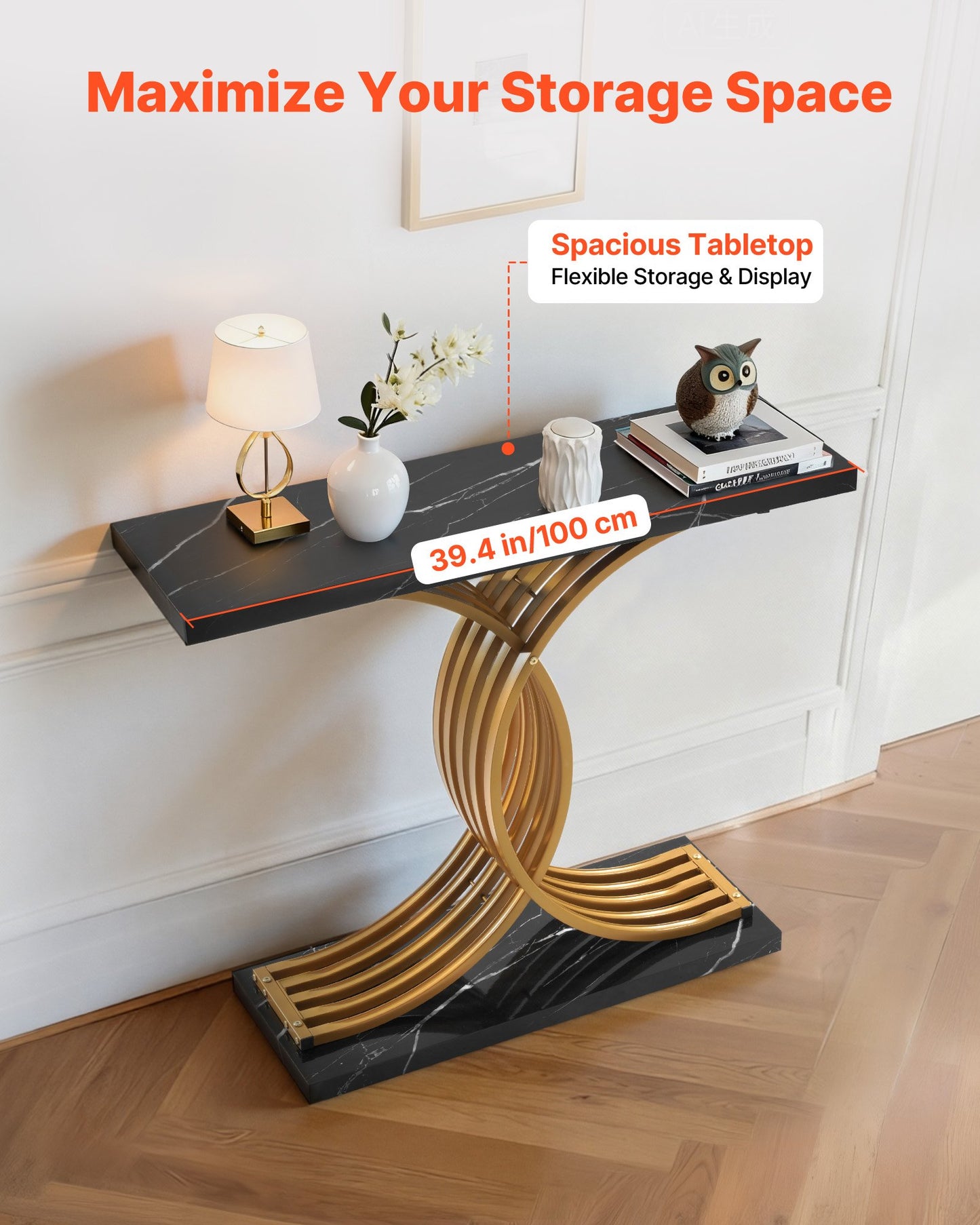 39 in Gold Console Table, Modern Desk Behind the Couch, Wood Rectangle Entrance Desk, Narrow Long Sofa Table Accent Stand with Metal Legs for Hallway, Bedroom, Living Room, Foyer, Easy Assembly