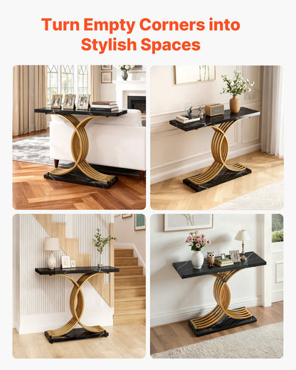 39 in Gold Console Table, Modern Desk Behind the Couch, Wood Rectangle Entrance Desk, Narrow Long Sofa Table Accent Stand with Metal Legs for Hallway, Bedroom, Living Room, Foyer, Easy Assembly