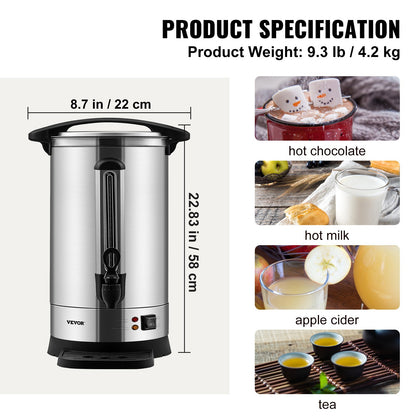 Commercial Coffee Urn, 65 Cups Stainless Steel Large Coffee Dispenser, 1500W 110V Electric Coffee Maker Urn For Quick Brewing, Hot Water Urn with Detachable Power Cord for Easy Cleaning, Silver