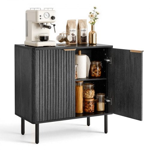 Coffee Bar Cabinet, Mid Century Fluted Coffee Bar Table with 2-Tier Storage, Buffet Stand Cabinet with Barn Door, Sideboard Buffet Station for Living Room, Entryway, 31.5 x 14.7 x 31.5 in, Black