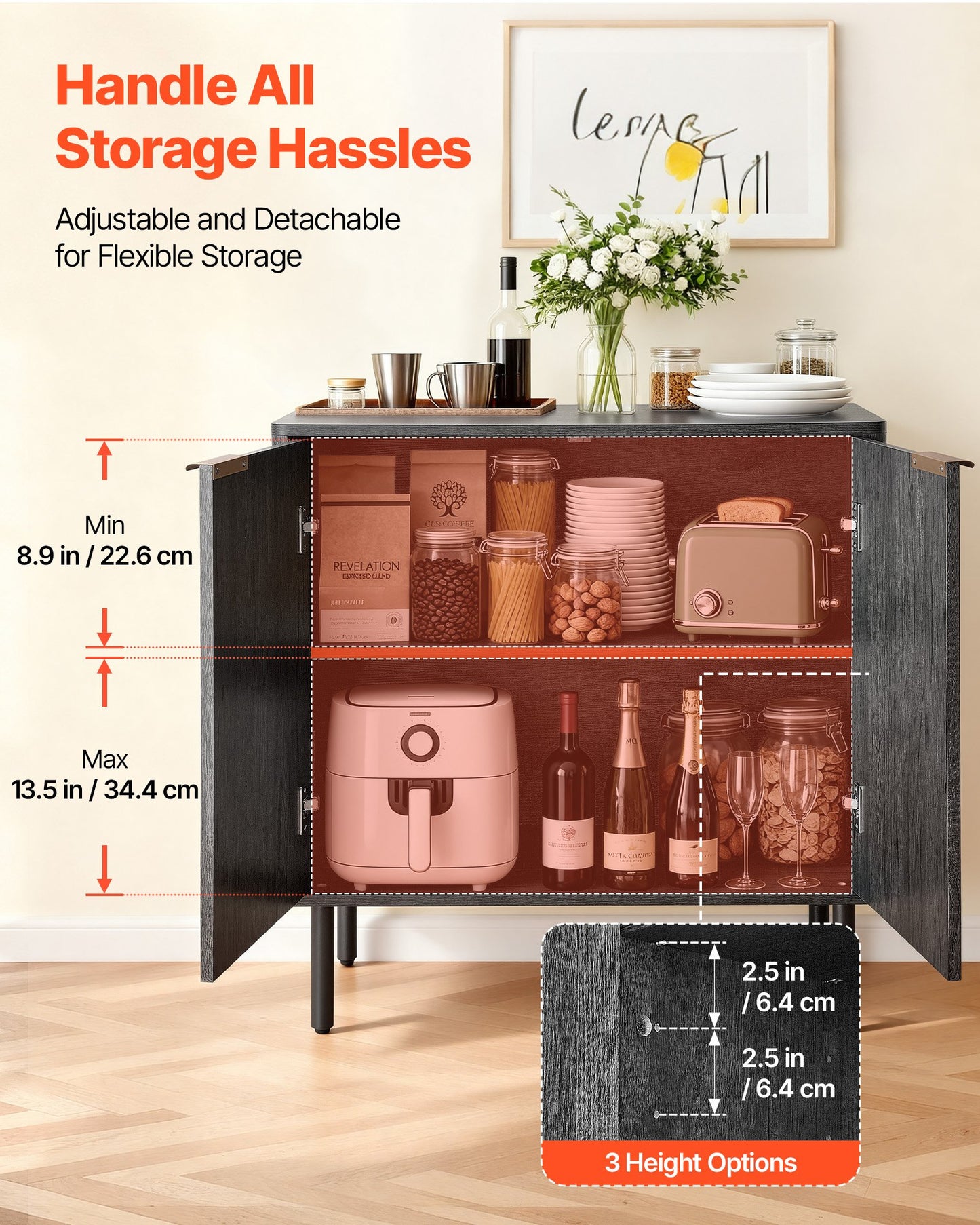 Coffee Bar Cabinet, Mid Century Fluted Coffee Bar Table with 2-Tier Storage, Buffet Stand Cabinet with Barn Door, Sideboard Buffet Station for Living Room, Entryway, 31.5 x 14.7 x 31.5 in, Black