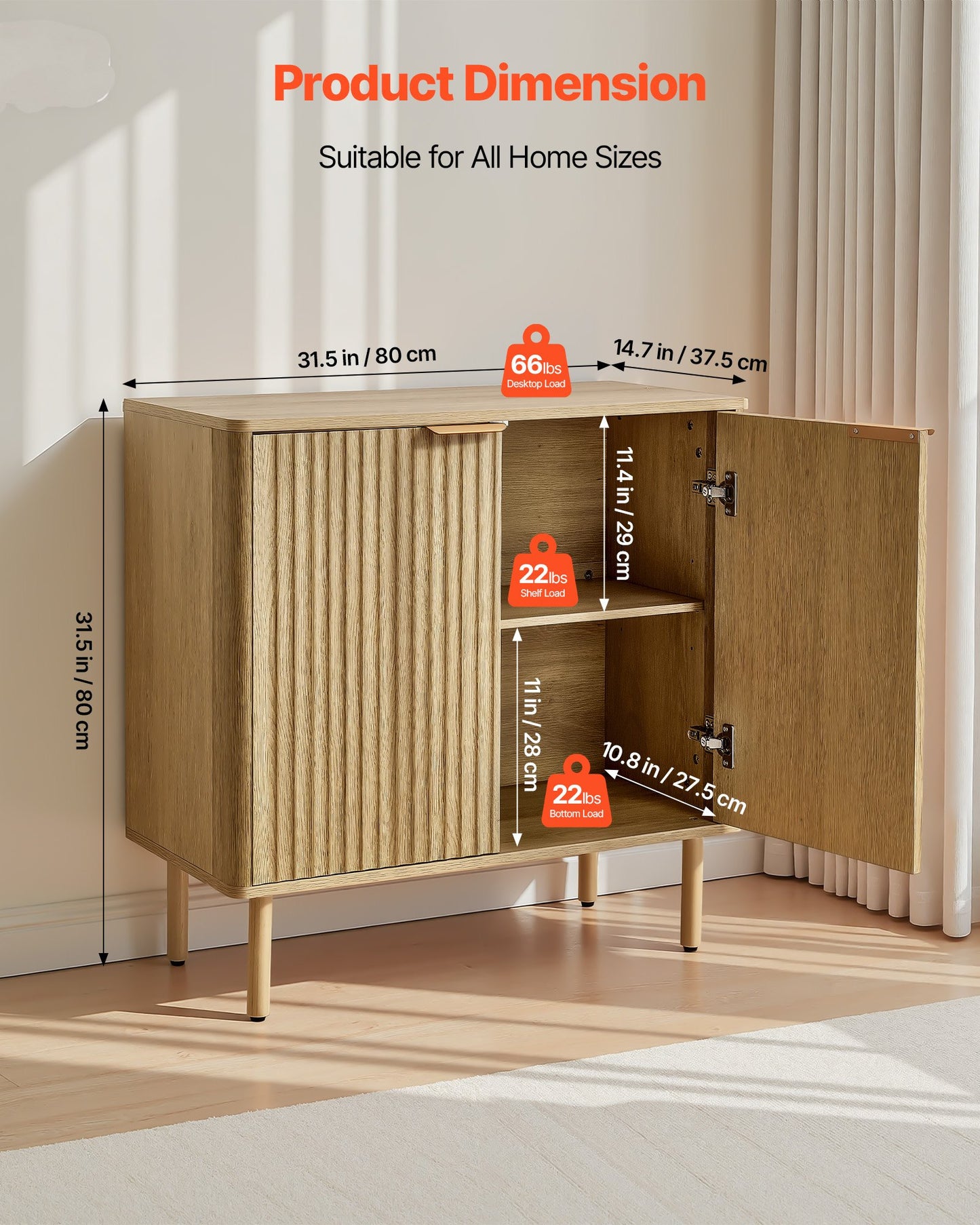 Coffee Bar Cabinet, Mid Century Fluted Coffee Bar Table with 2-Tier Storage, Buffet Stand Cabinet with 2 Barn Door, Sideboard Buffet Station for Living Room, Entryway, 31.5 x 14.7 x 31.5 in, Oak