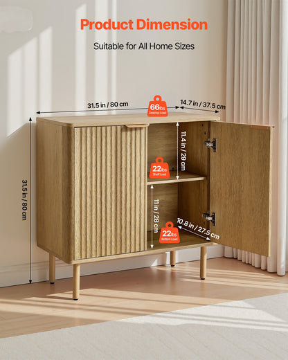 Coffee Bar Cabinet, Mid Century Fluted Coffee Bar Table with 2-Tier Storage, Buffet Stand Cabinet with 2 Barn Door, Sideboard Buffet Station for Living Room, Entryway, 31.5 x 14.7 x 31.5 in, Oak