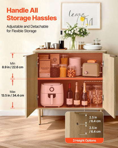 Coffee Bar Cabinet, Mid Century Fluted Coffee Bar Table with 2-Tier Storage, Buffet Stand Cabinet with 2 Barn Door, Sideboard Buffet Station for Living Room, Entryway, 31.5 x 14.7 x 31.5 in, Oak