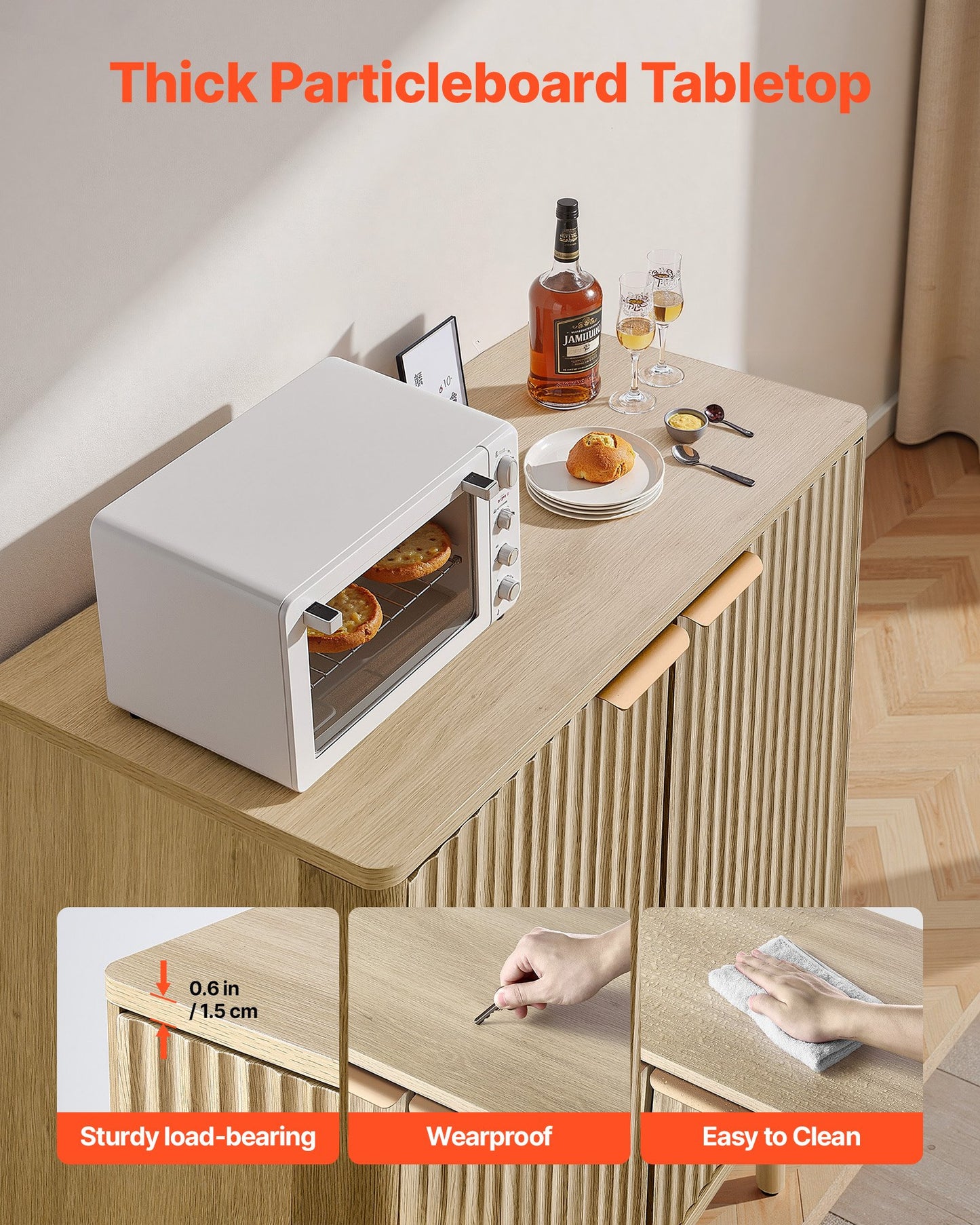 Coffee Bar Cabinet, Mid Century Fluted Coffee Bar Table with 2-Tier Storage, Buffet Stand Cabinet with 2 Barn Door, Sideboard Buffet Station for Living Room, Entryway, 31.5 x 14.7 x 31.5 in, Oak