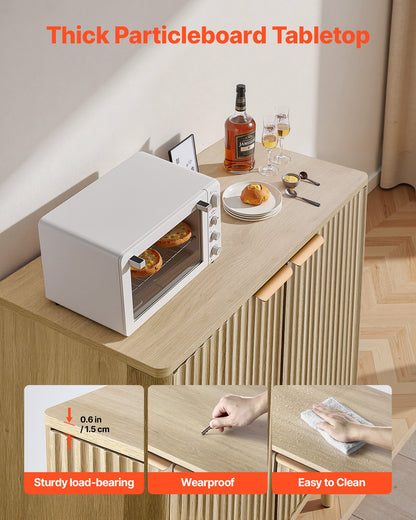 Coffee Bar Cabinet, Mid Century Fluted Coffee Bar Table with 2-Tier Storage, Buffet Stand Cabinet with 2 Barn Door, Sideboard Buffet Station for Living Room, Entryway, 31.5 x 14.7 x 31.5 in, Oak