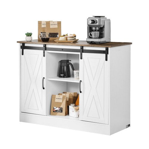 Coffee Bar Cabinet, 41.8 x 15.8 x 32.1 in Farmhouse Coffee Bar Cabinet with 3-Tier Storage, Coffee Bar Table with Barn Doors, Farmhouse Sideboard Buffet Cabinet for Living Room, Entryway