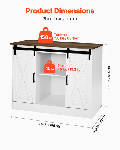 Coffee Bar Cabinet, 41.8 x 15.8 x 32.1 in Farmhouse Coffee Bar Cabinet with 3-Tier Storage, Coffee Bar Table with Barn Doors, Farmhouse Sideboard Buffet Cabinet for Living Room, Entryway