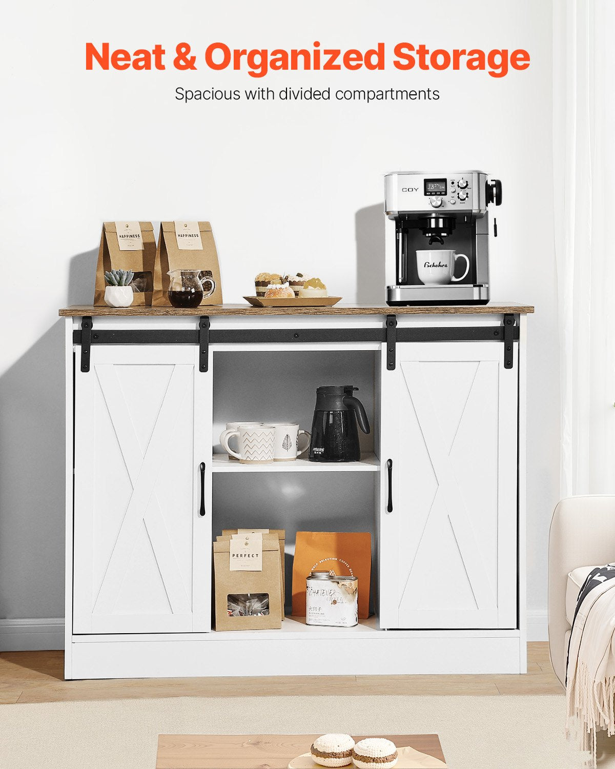 Coffee Bar Cabinet, 41.8 x 15.8 x 32.1 in Farmhouse Coffee Bar Cabinet with 3-Tier Storage, Coffee Bar Table with Barn Doors, Farmhouse Sideboard Buffet Cabinet for Living Room, Entryway