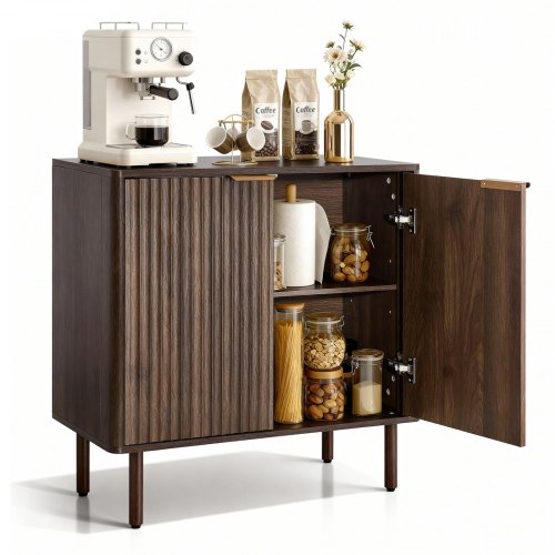 Coffee Bar Cabinet, Mid Century Fluted Coffee Bar Table with 2-Tier Storage, Buffet Stand Cabinet with Barn Door, Sideboard Buffet Station for Living Room, Entryway, 31.5 x 14.7 x 31.5 in Walnut