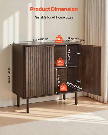 Coffee Bar Cabinet, Mid Century Fluted Coffee Bar Table with 2-Tier Storage, Buffet Stand Cabinet with Barn Door, Sideboard Buffet Station for Living Room, Entryway, 31.5 x 14.7 x 31.5 in Walnut