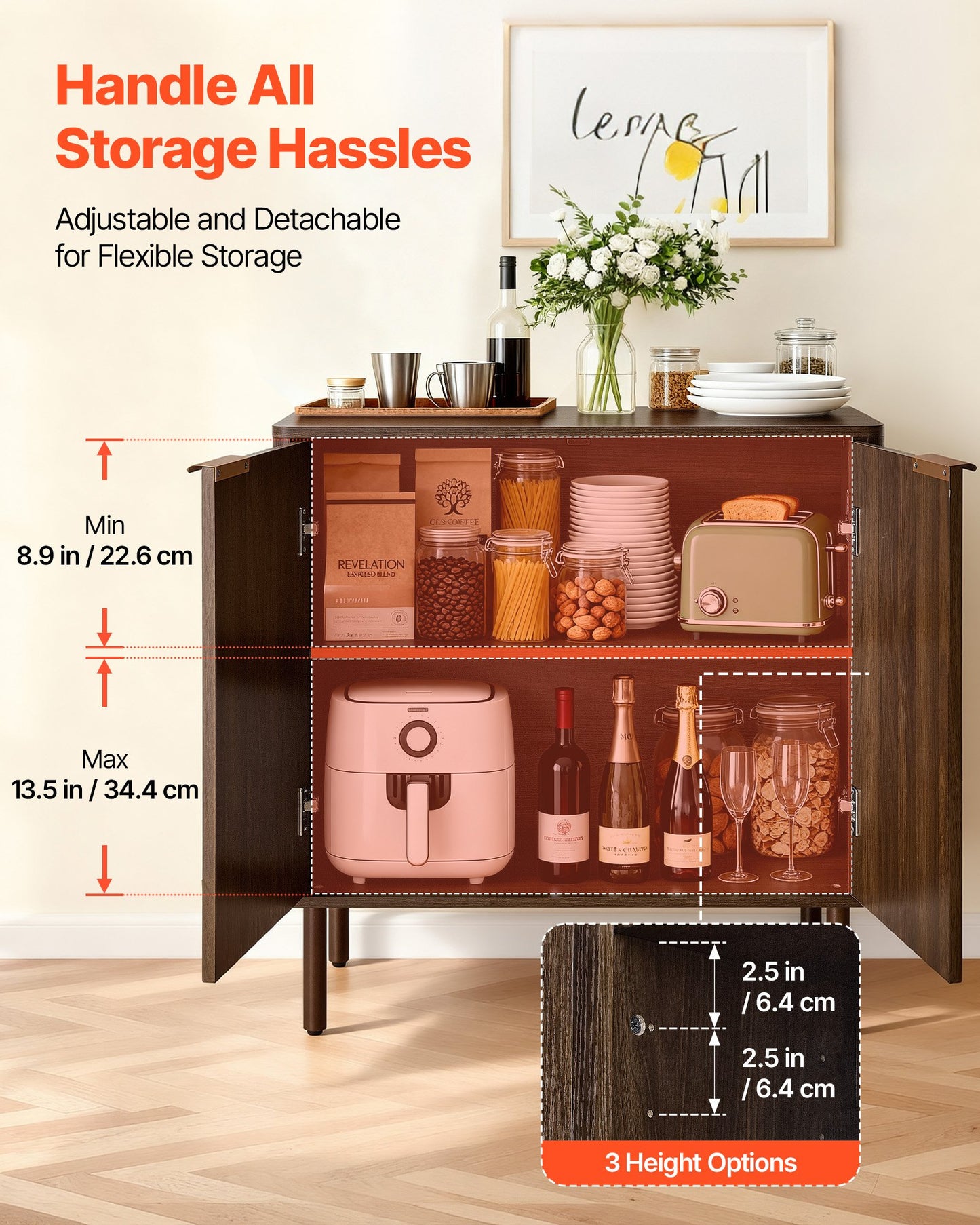 Coffee Bar Cabinet, Mid Century Fluted Coffee Bar Table with 2-Tier Storage, Buffet Stand Cabinet with Barn Door, Sideboard Buffet Station for Living Room, Entryway, 31.5 x 14.7 x 31.5 in Walnut