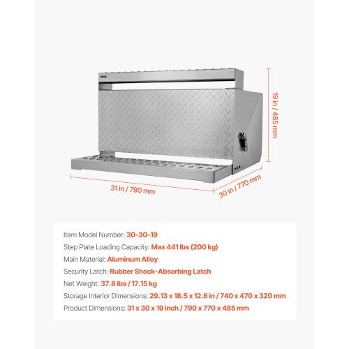 Verktygslåda för lastbilssteg, 790 x 770 x 485 mm Robust verktygslåda i diamantplåt av aluminium, Vattentät förvaringslåda för hyttens stege med stötdämpande spärr för flak, kran och lastbilar |  EU
