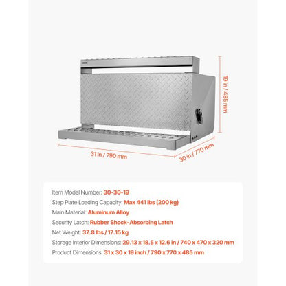 Verktygslåda för lastbilssteg, 790 x 770 x 485 mm Robust verktygslåda i diamantplåt av aluminium, Vattentät förvaringslåda för hyttens stege med stötdämpande spärr för flak, kran och lastbilar |  EU