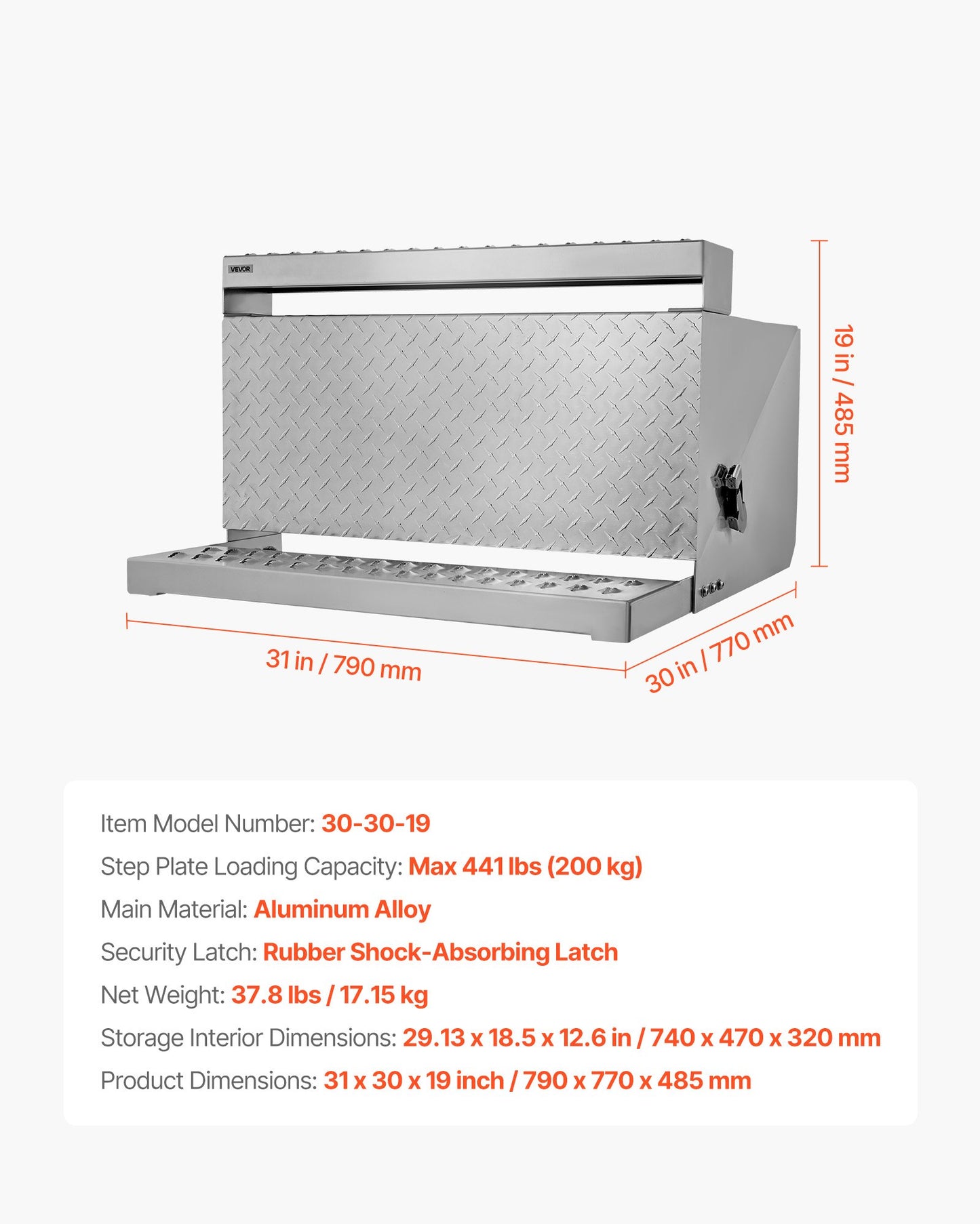 Semi-Truck Step Tool Box, 31" x 30" x 19" Heavy Duty Aluminum Diamond Plate Toolbox, Waterproof Cab Entry Step Storage Box with Shock-Absorbing Latch for Flatbed, Crane, and Semi Trucks