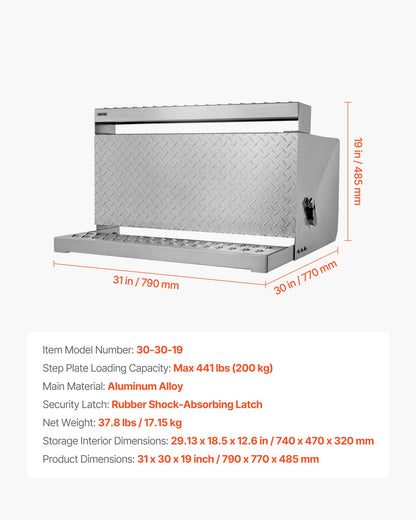 Semi-Truck Step Tool Box, 31" x 30" x 19" Heavy Duty Aluminum Diamond Plate Toolbox, Waterproof Cab Entry Step Storage Box with Shock-Absorbing Latch for Flatbed, Crane, and Semi Trucks