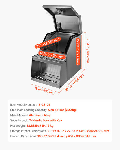 Semi-Truck Step Tool Box, 18" x 27.5" x 25.4" Heavy Duty Aluminum Toolbox Side Mount, Waterproof Side Storage Saddle Step Box with T-Handle Lock & Keys for Semi Trucks, Flatbed Trailers