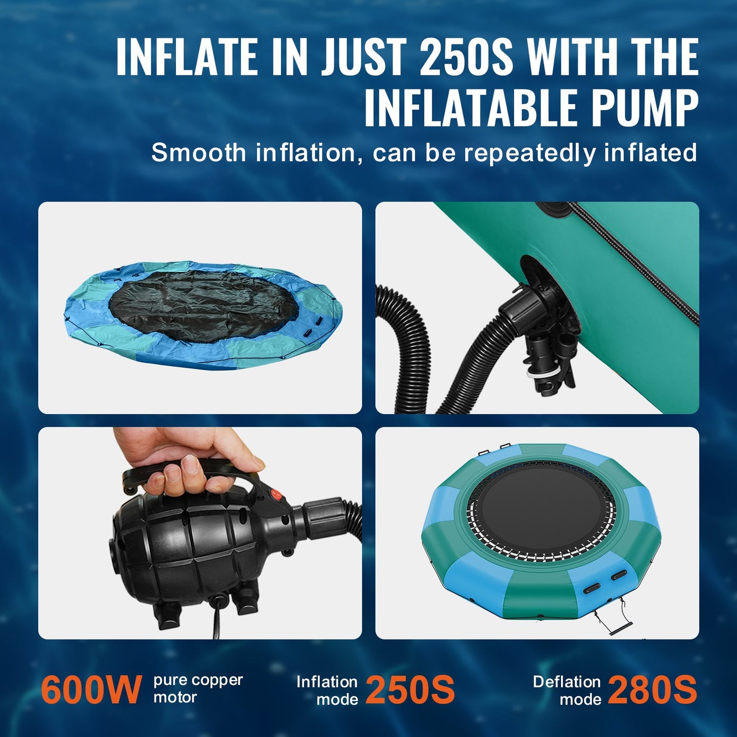 Inflatable Water Bouncer, 12ft Recreational Water Trampoline, Portable Bounce Swim Platform with 3-Step Ladder & Electric Air Pump, Kids Adults Floating Rebounder for Pool, Lake, Water Sports