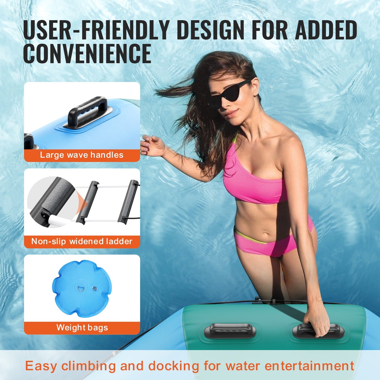 Inflatable Water Bouncer, 12ft Recreational Water Trampoline, Portable Bounce Swim Platform with 3-Step Ladder & Electric Air Pump, Kids Adults Floating Rebounder for Pool, Lake, Water Sports