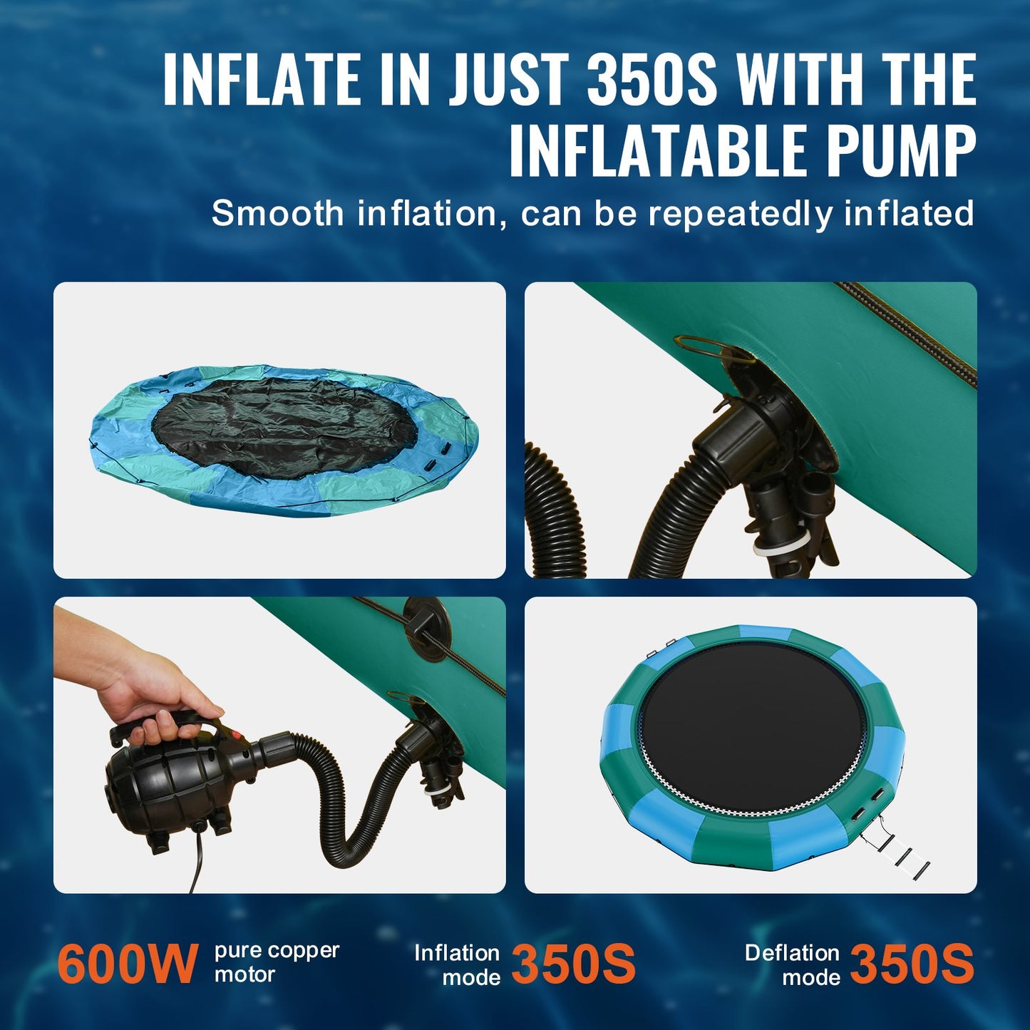 Inflatable Water Bouncer, 15ft Recreational Water Trampoline, Portable Bounce Swim Platform with 3-Step Ladder & Electric Air Pump, Kids Adults Floating Rebounder for Pool, Lake, Water Sports