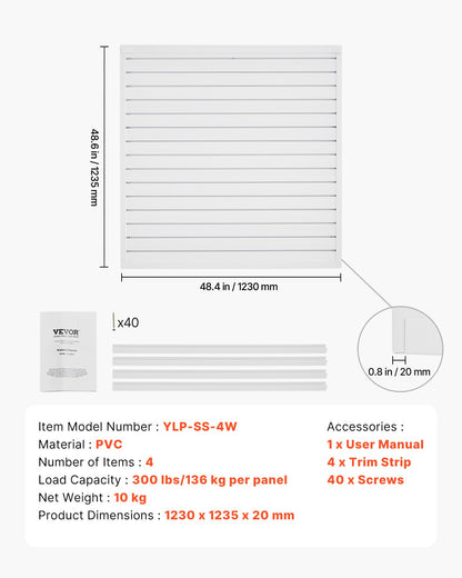 Slat Wall Paneling, 4 x 4 ft, PVC Garage Slatwall with Modular Design, White Slat Wall Easy-to-Install Adjustable Slatwall Panel with Coupling Structure & DIY Cutting, Fits for Storage & Display