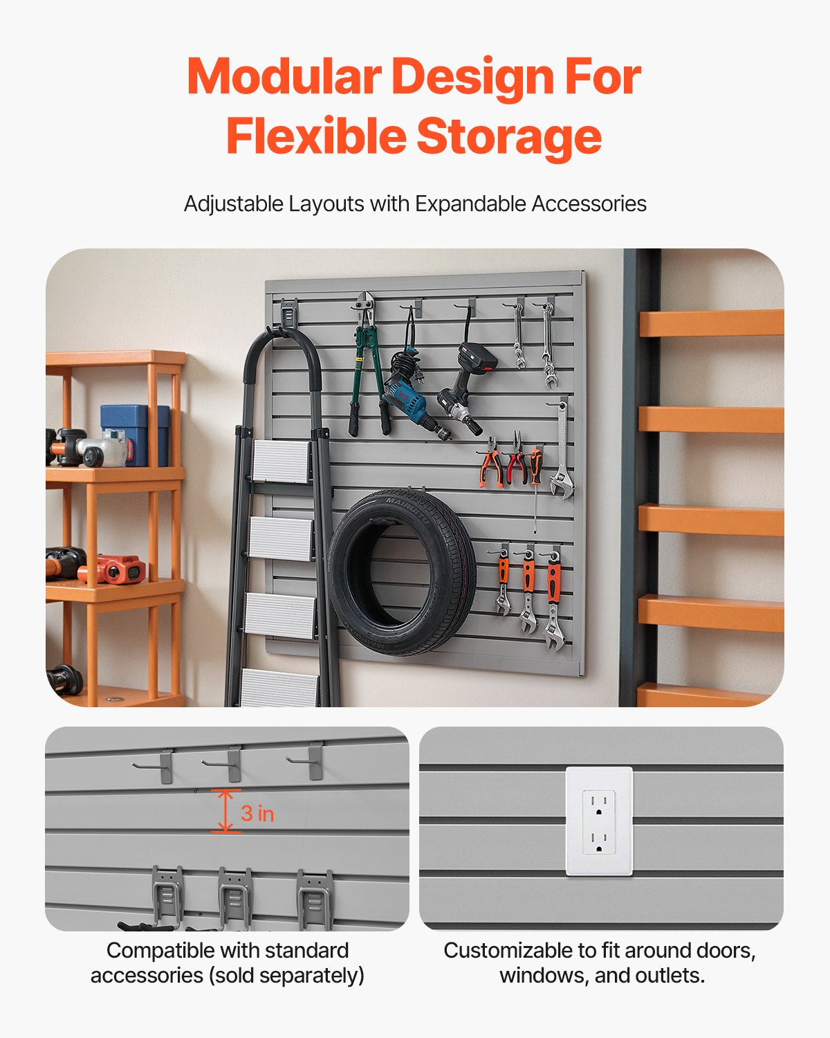 Slat Wall Paneling, 4 x 4 ft, PVC Garage Slatwall with Modular Design, Grey Slat Wall Easy-to-Install Adjustable Slatwall Panel with Coupling Structure & DIY Cutting, Fits for Storage & Display