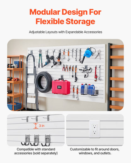 Slat Wall Paneling, 8 x 4 ft, PVC Garage Slatwall with Modular Design, White Slat Wall Easy-to-Install Adjustable Slatwall Panel with Coupling Structure & DIY Cutting, Fits for Storage & Display