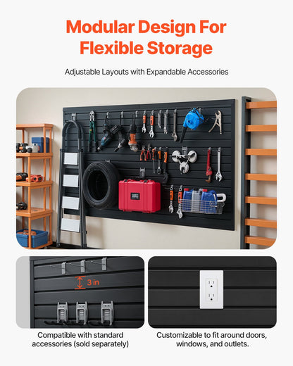 Slat Wall Paneling, 8 x 4 ft, PVC Garage Slatwall with Modular Design, Black Slat Wall Easy-to-Install Adjustable Slatwall Panel with Coupling Structure & DIY Cutting, Fits for Storage & Display
